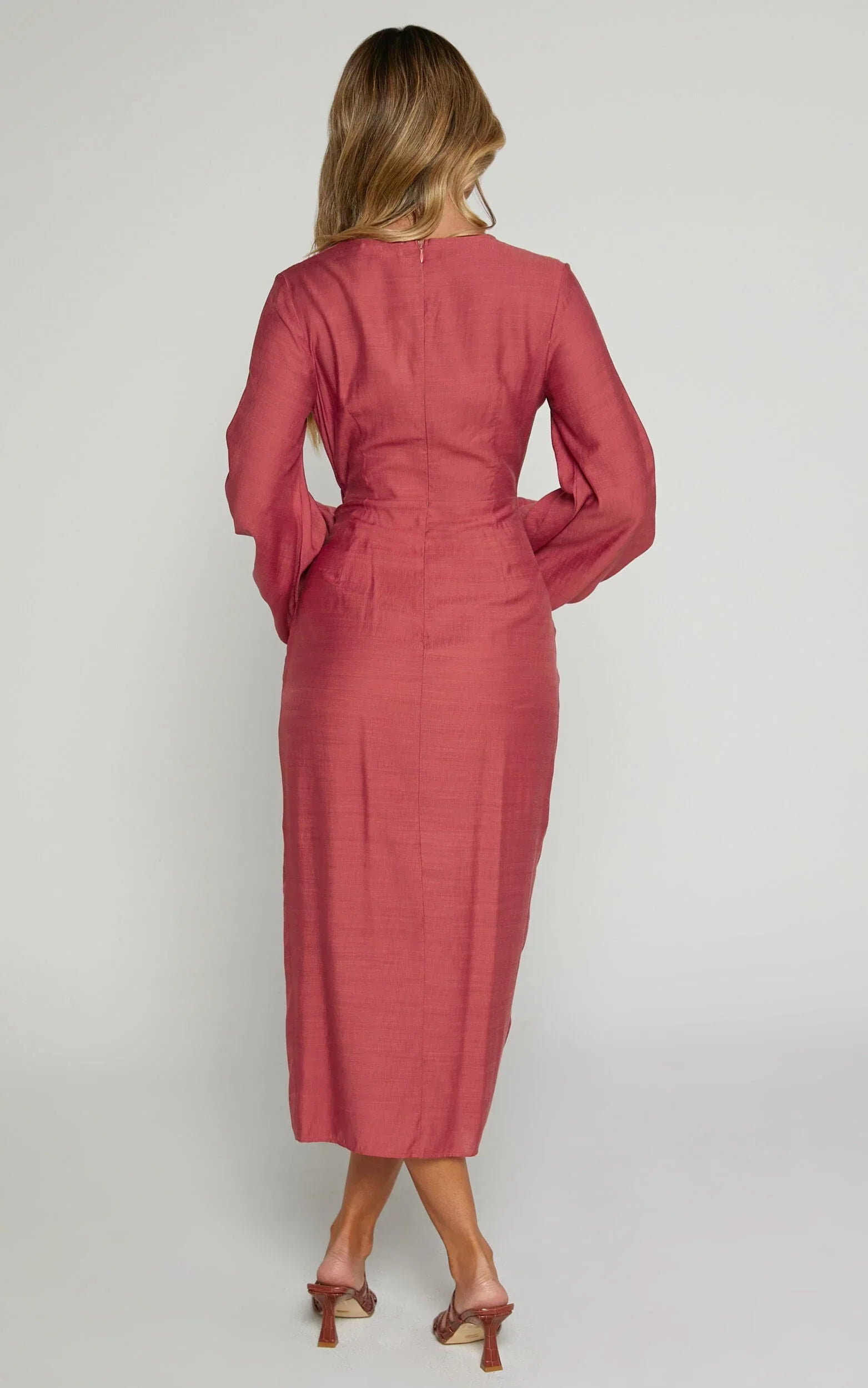 Taylor Midi Dress - Long Sleeve Wrap Dress In Clay