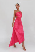 Amelie One-Shoulder Accordion Pleat Maxi Dress Floral Fuchsia