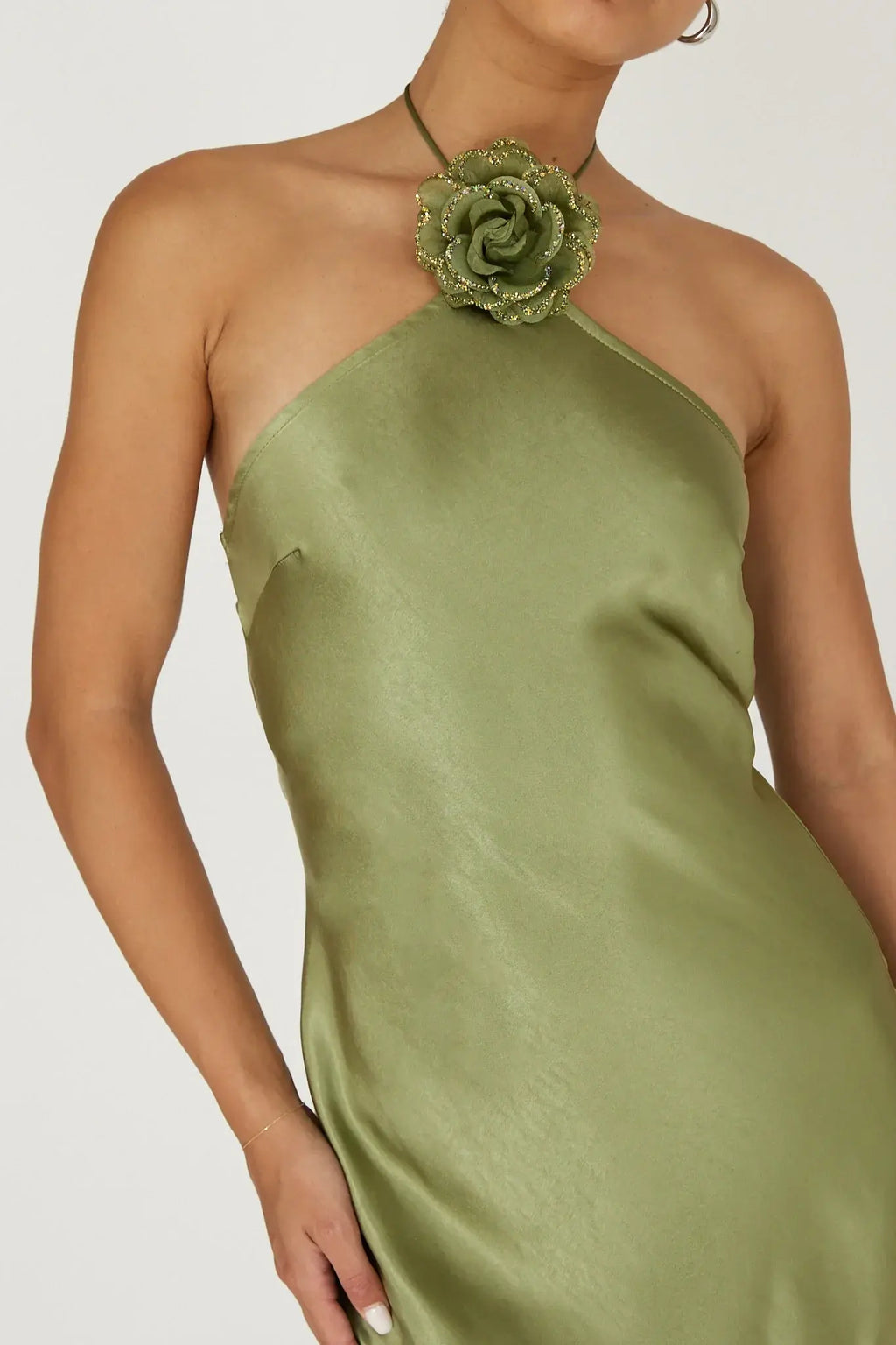 High Roller Flower Decoration Halter Dress Olive