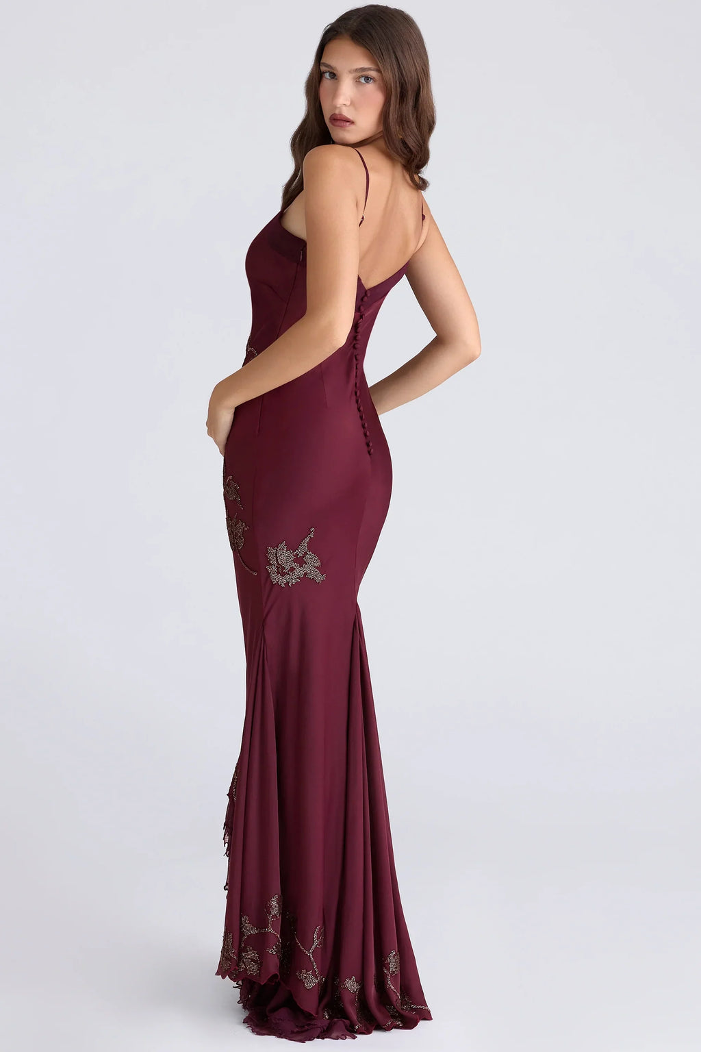 Plum Hand Beaded Embellished Satin Maxi Gown - Limited Edition