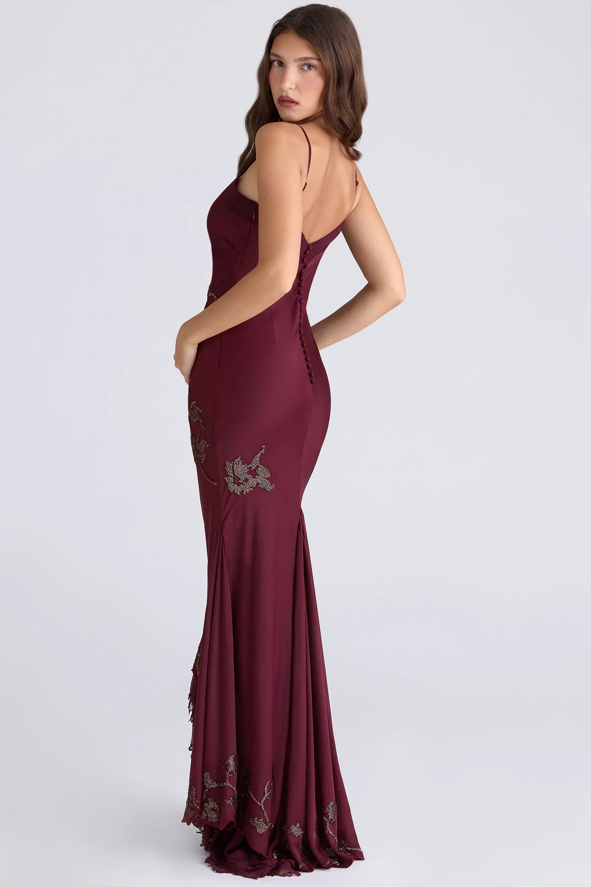 Plum Hand Beaded Embellished Satin Maxi Gown - Limited Edition