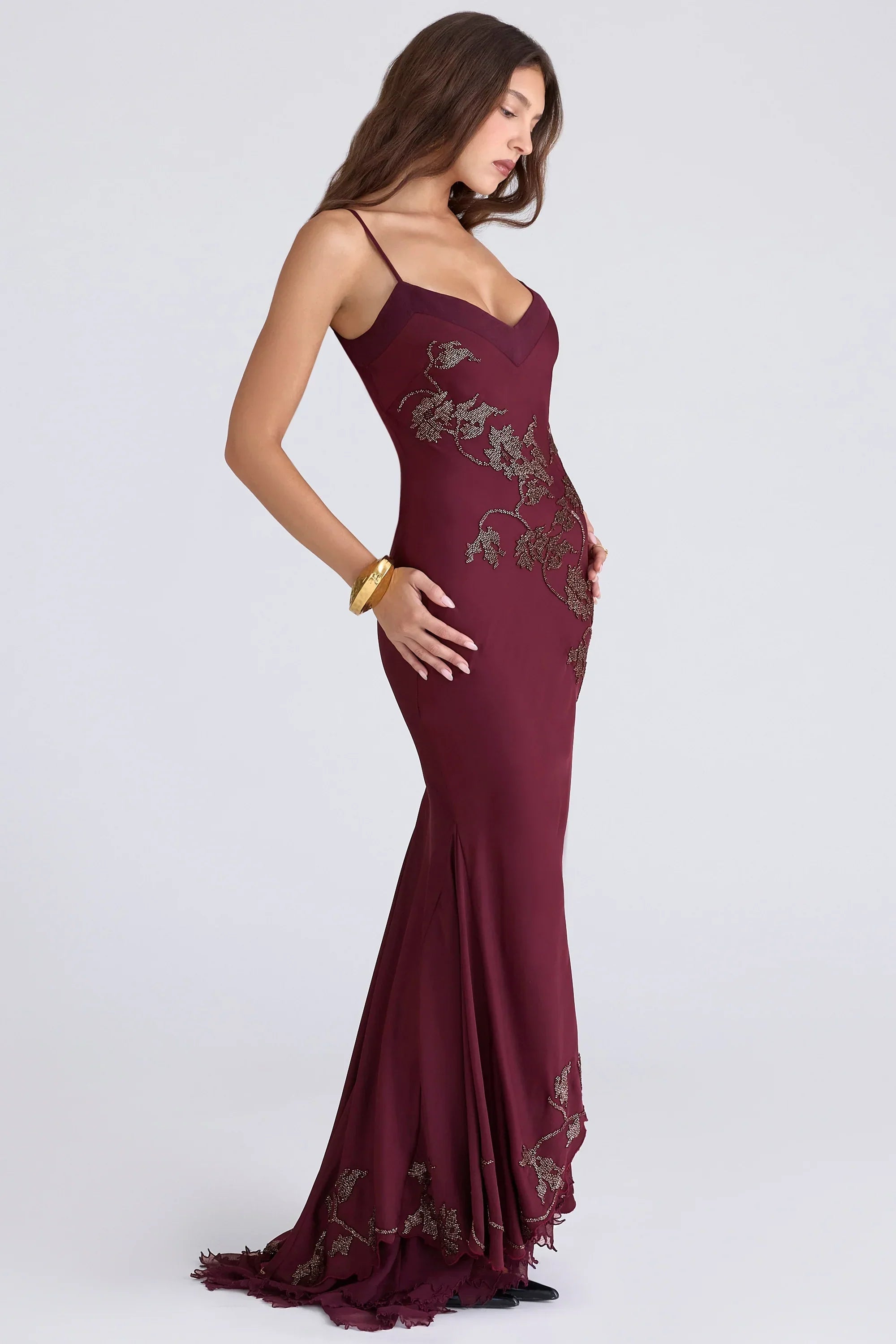 Plum Hand Beaded Embellished Satin Maxi Gown - Limited Edition