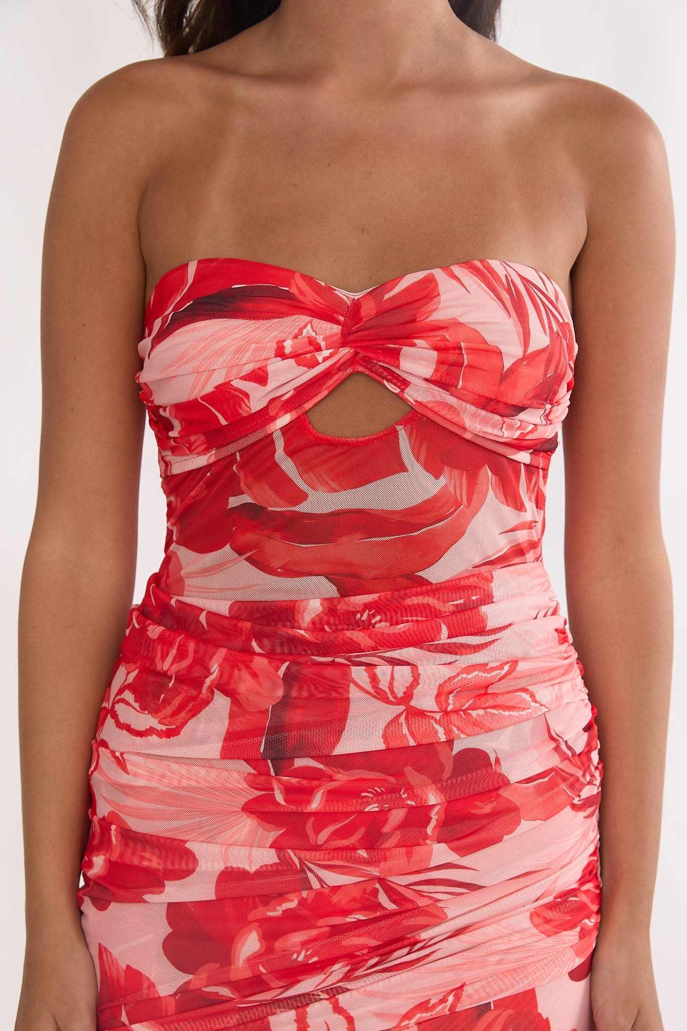 Kallira Strapless Ruched Maxi Dress Floral Red