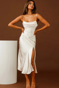Well Versed Pleated Bust Front Split Dress Champagne