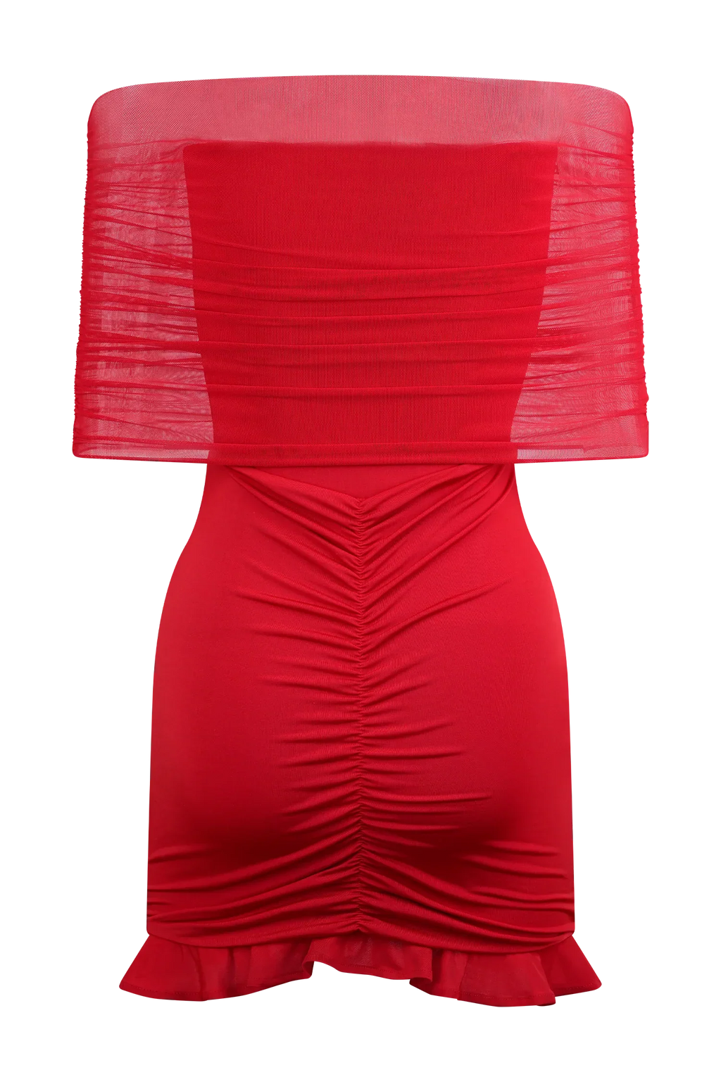 Caspian Slinky And Mesh Off Shoulder Mini Dress - Ruby