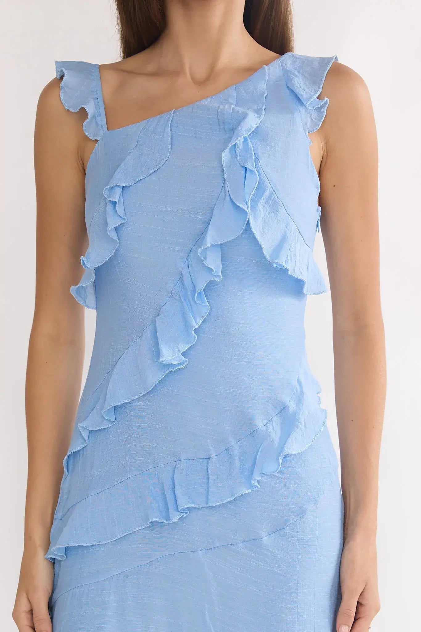 Arrabel Asymmetric Hem Ruffle Maxi Dress Pale Blue