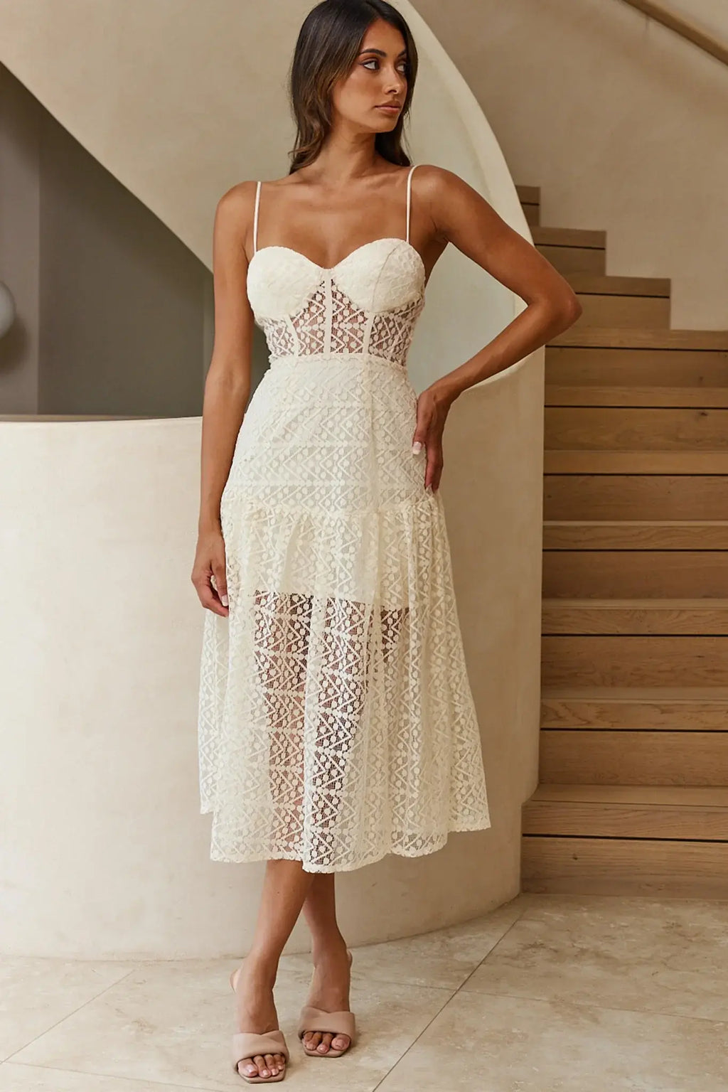 Daytona Lace Overlay Padded Bust Midi Dress Beige