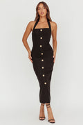 She Is Button Front Halter Midi Dress Tweed Black
