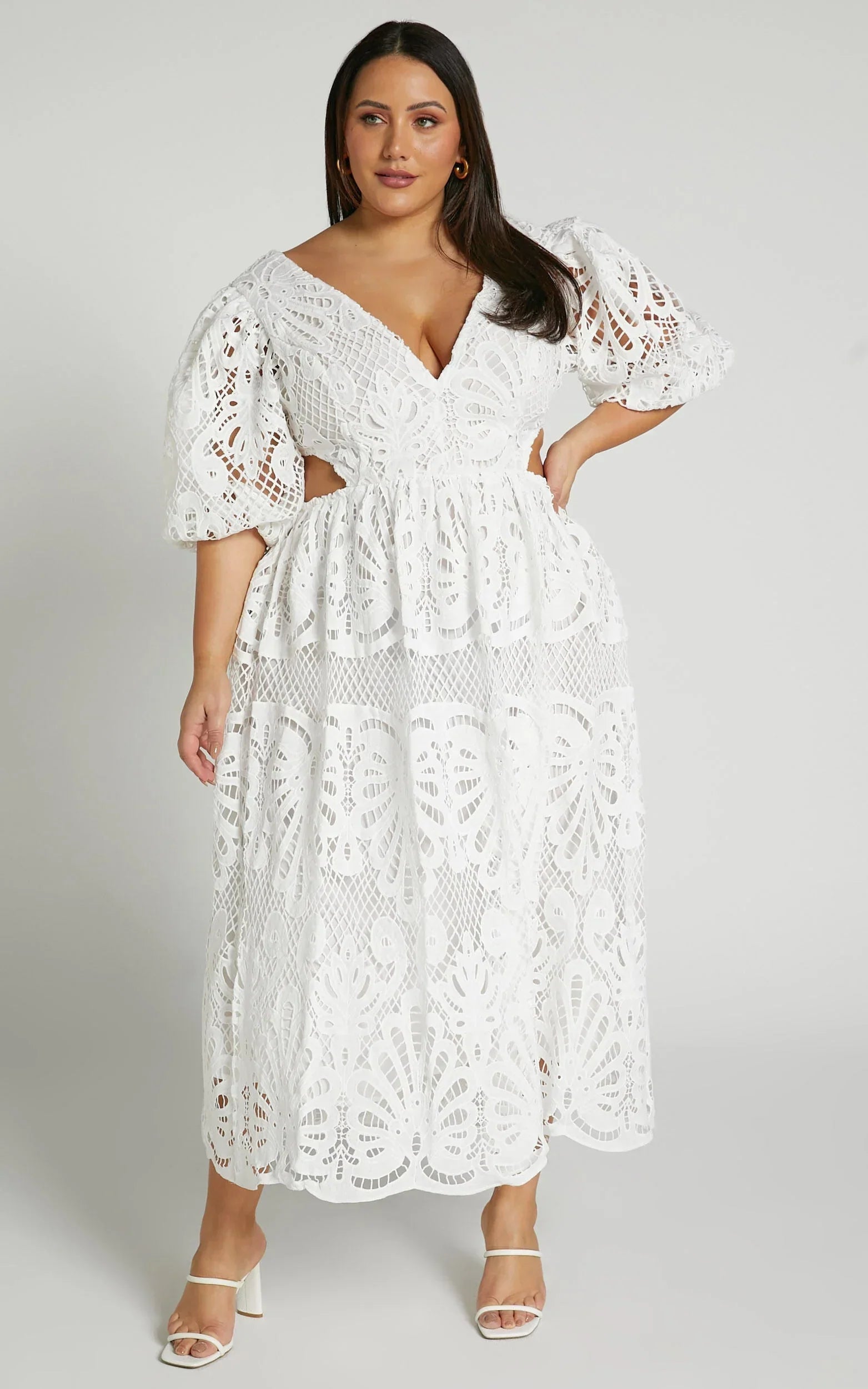 Anieshaya Midi Dress - V Neck Cut Out Lace Dress In White