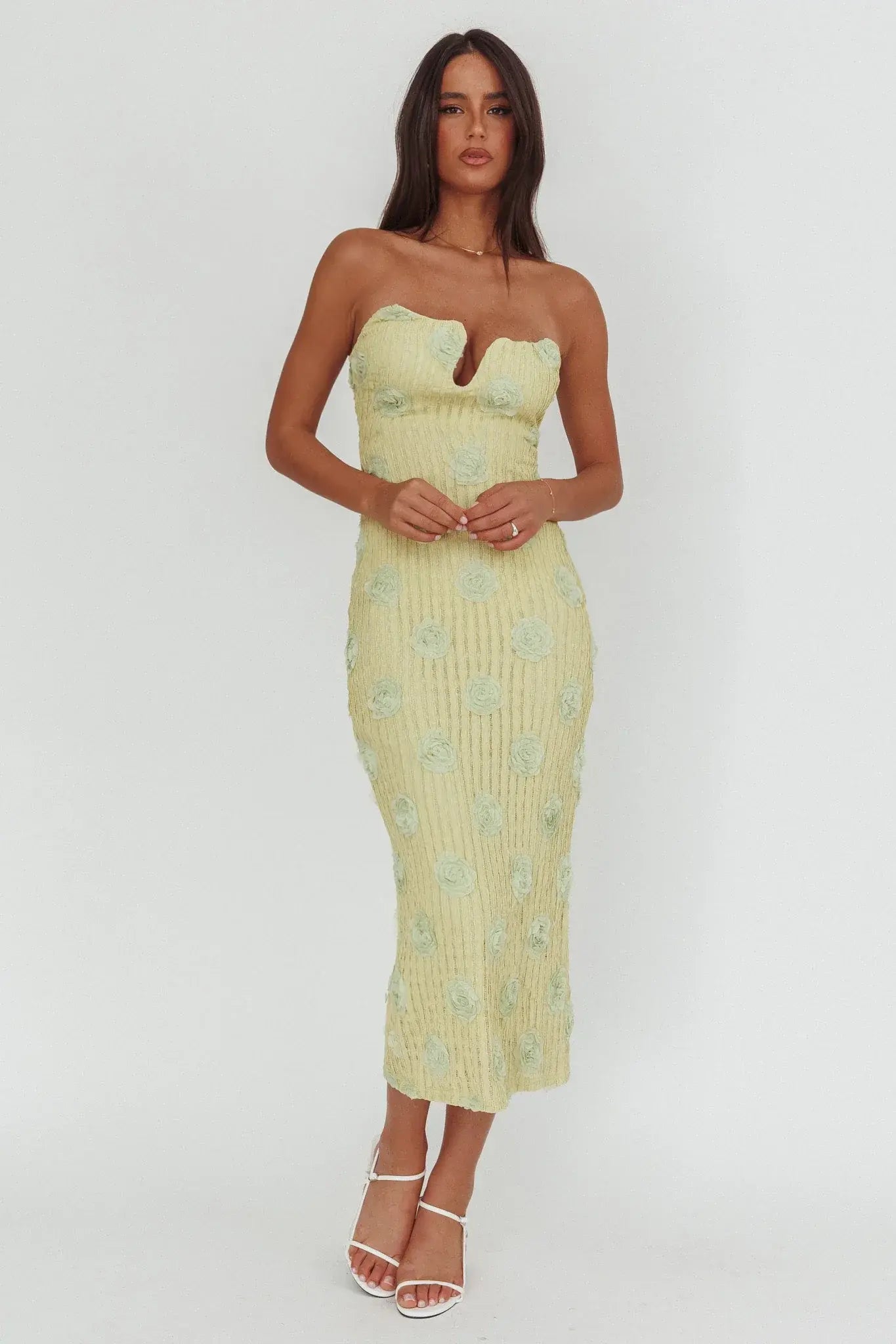 Horizon Strapless Textured Floral Midi Dress Green