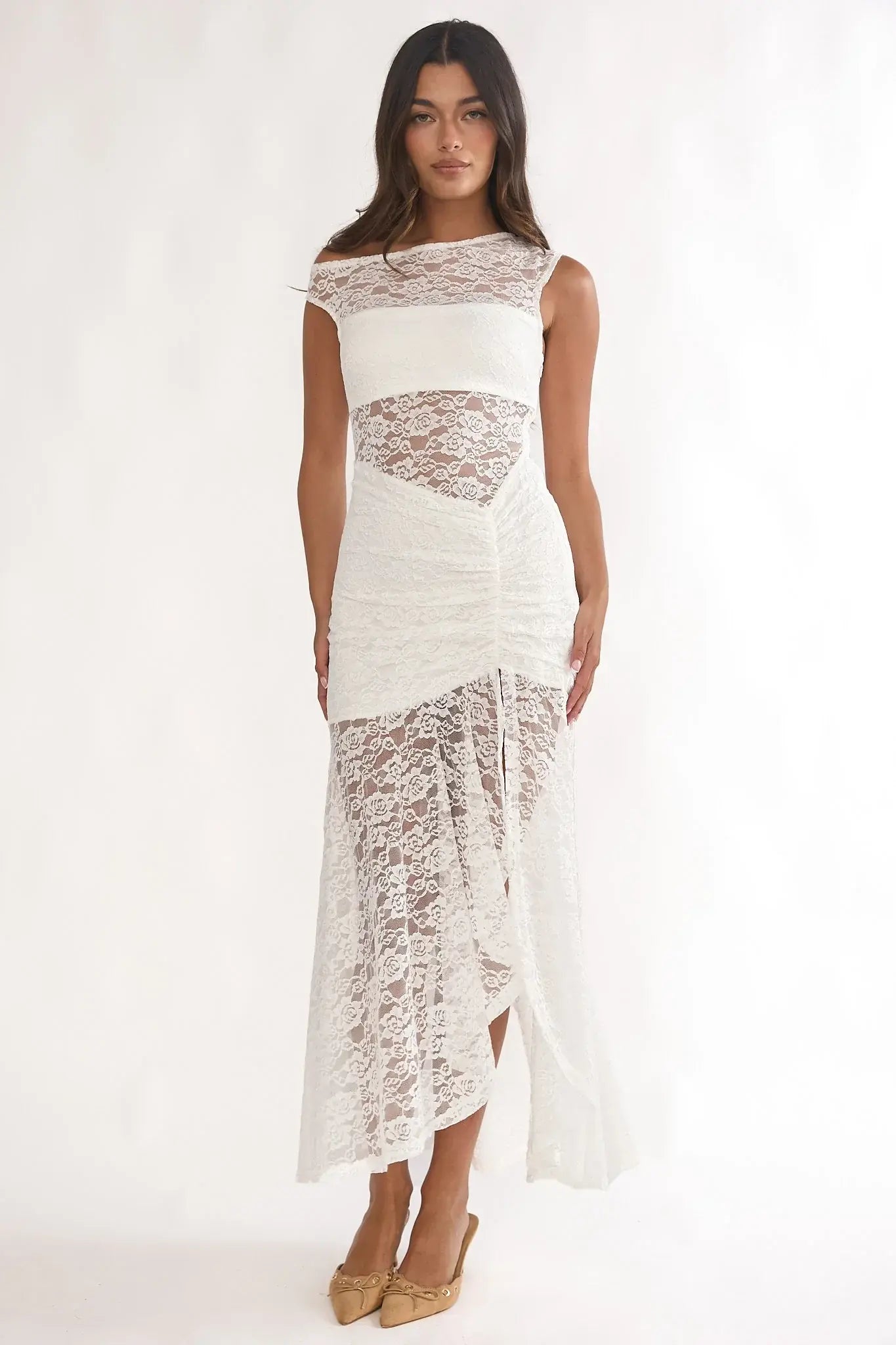 Moonlit Magic Asymmetric Neckline Lace Maxi Dress White