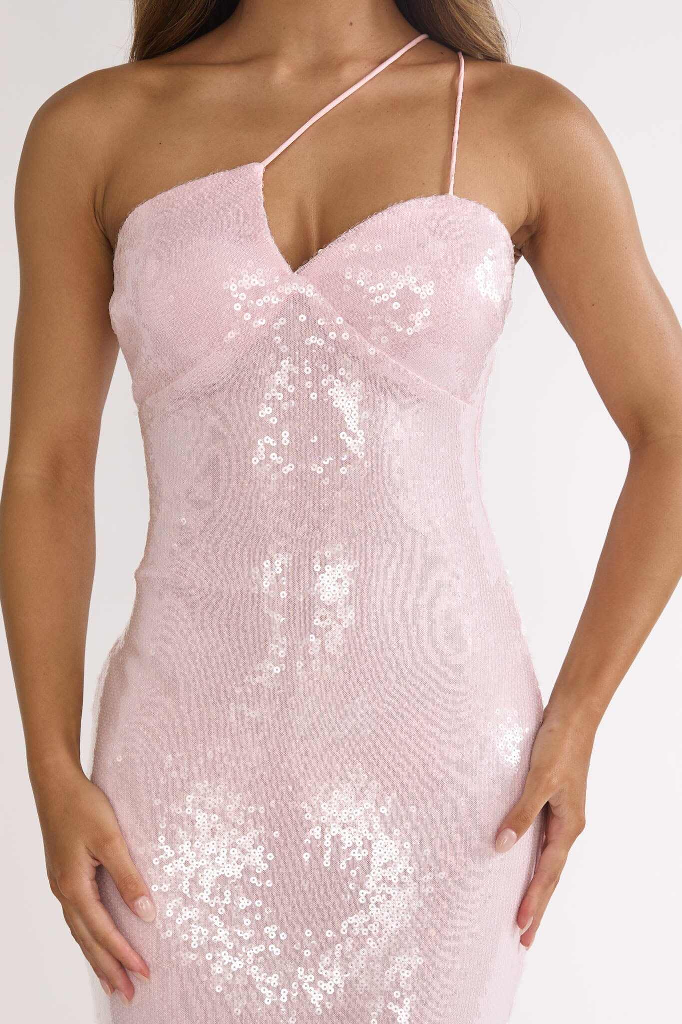 Roselyn One-Shoulder Sequin Maxi Dress Pink