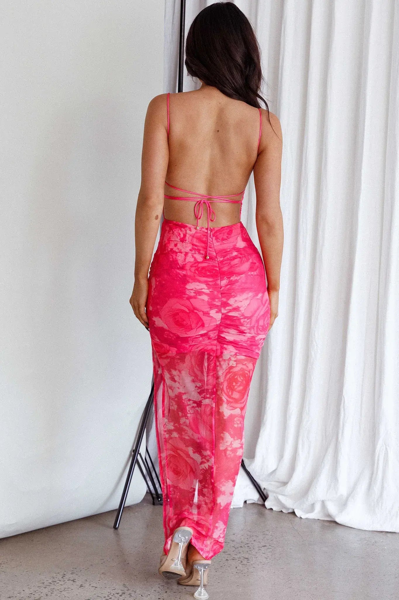 Madelyn Backless Midi Dress Rose Print Pink
