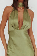 Italia Azure Halterneck Sheer Hem Maxi Dress Olive