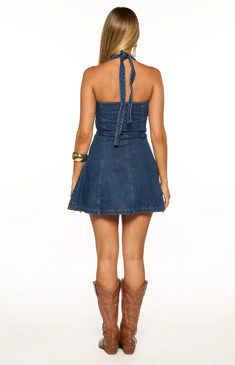 Isalin Mid Wash Denim Halter Mini Dress