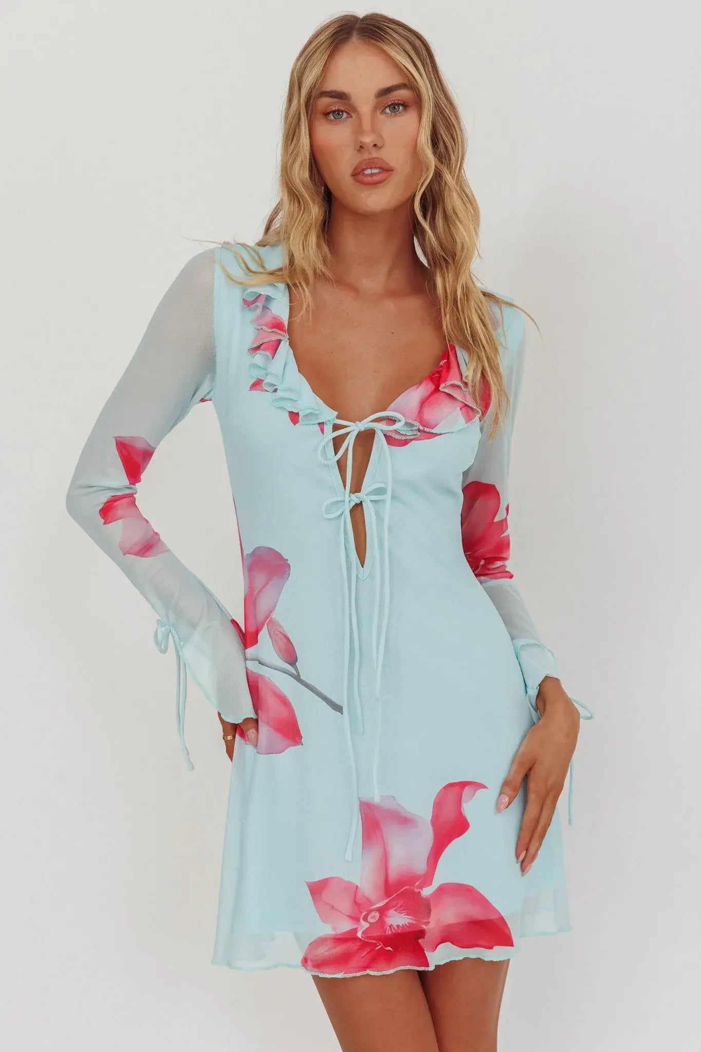 Sea Dreaming Ruffle Trim Mini Dress Floral Blue