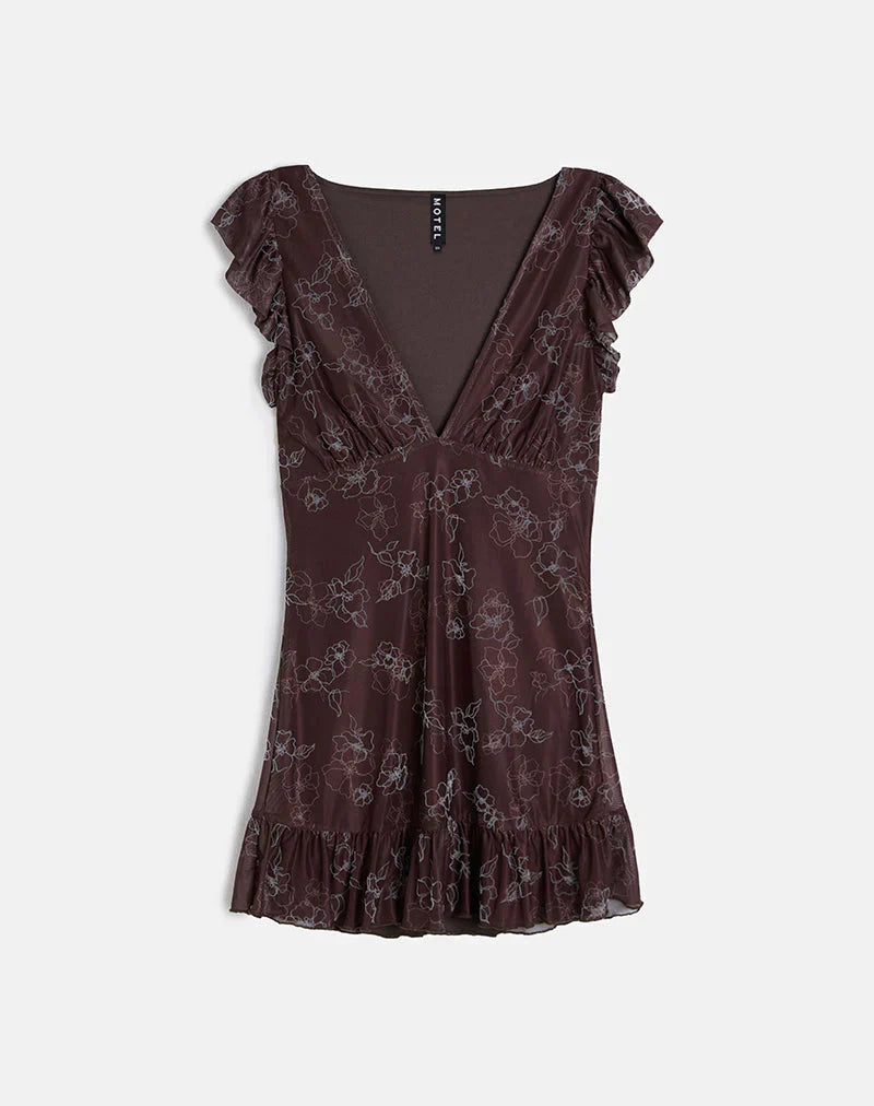 Motarika Mini Dress In Doodle Flower Flock Brown