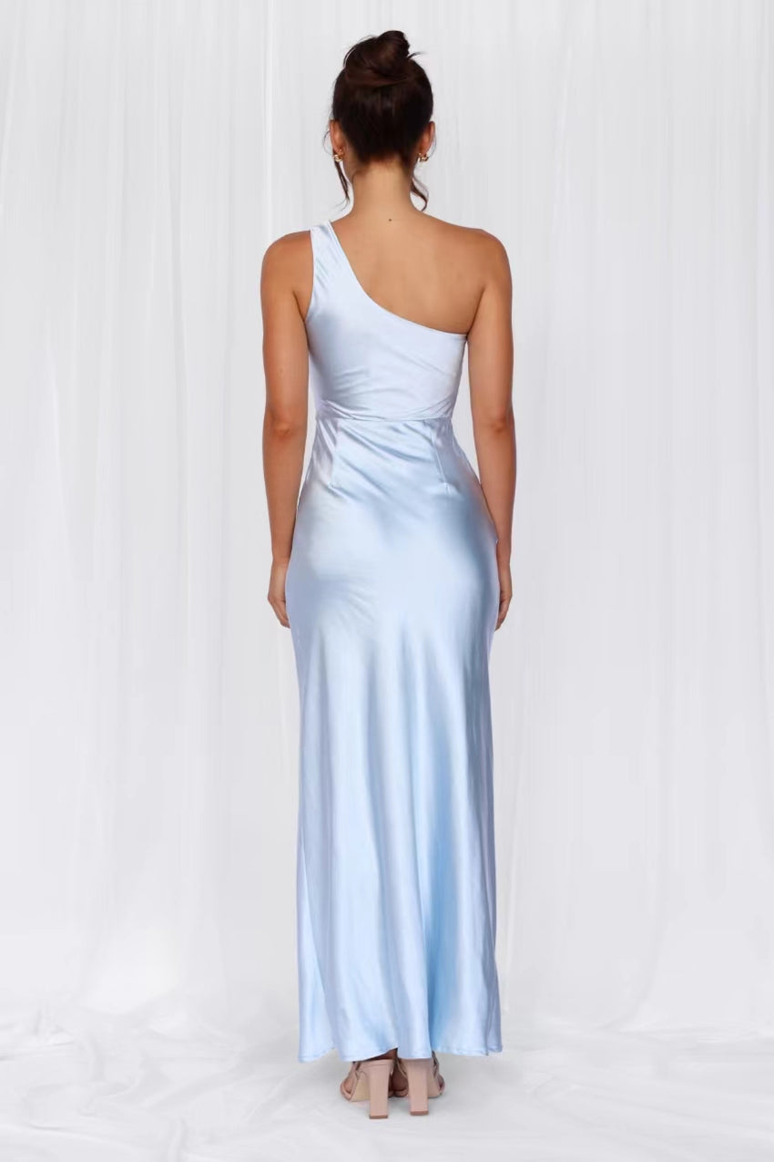 The Aurora One Shoulder Satin Maxi Dress Blue