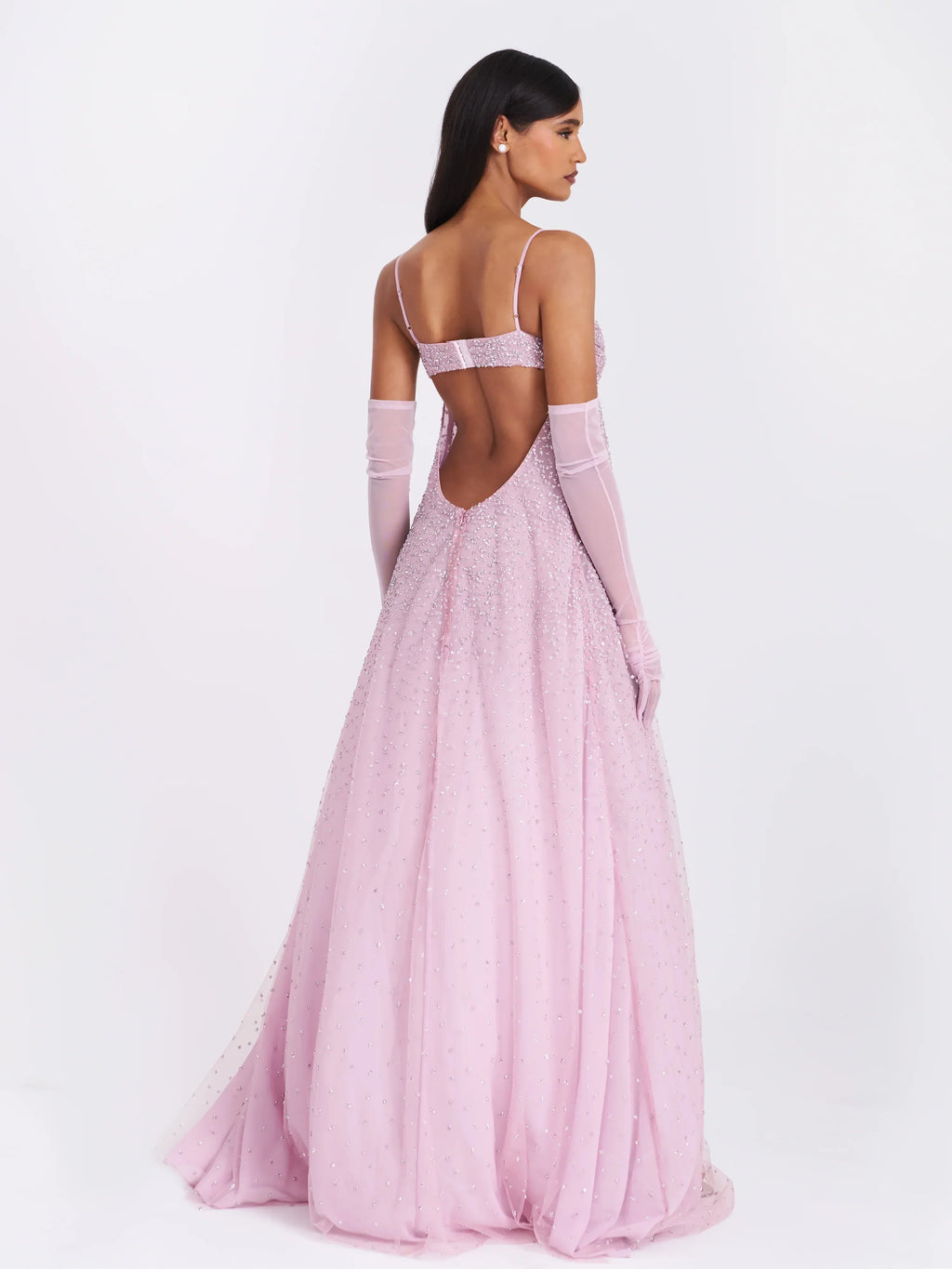 Wallie Pink Rhinestone Embellished Mesh Backless Gown