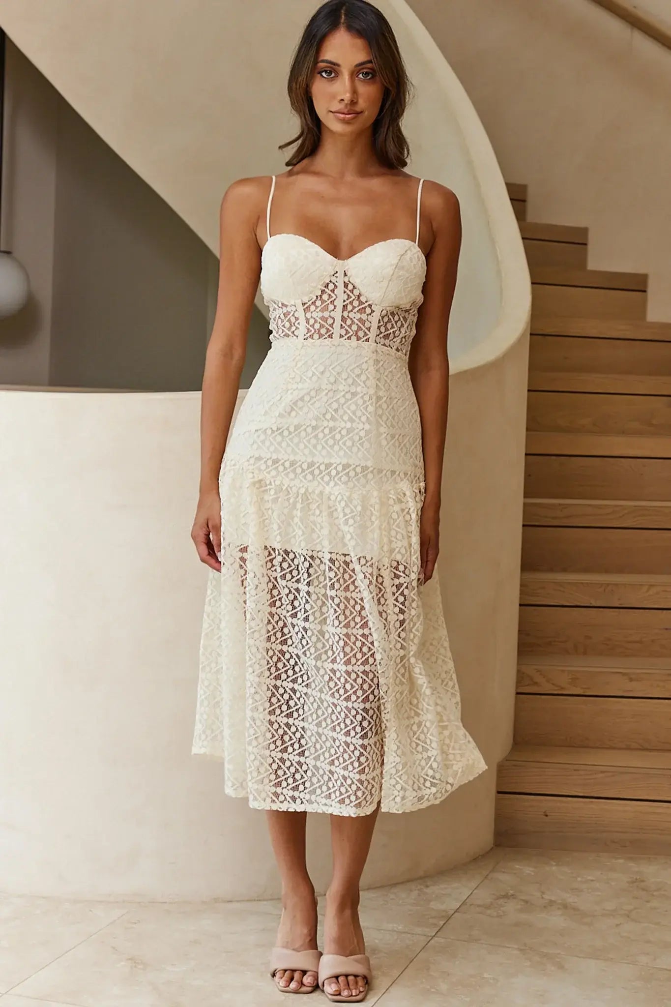 Daytona Lace Overlay Padded Bust Midi Dress Beige