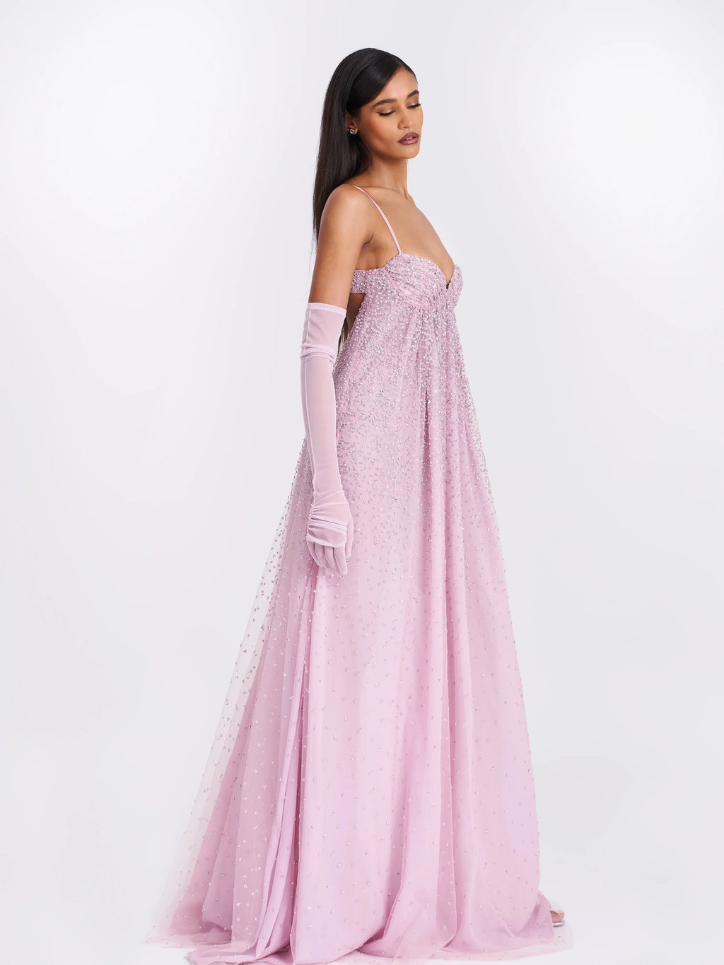 Wallie Pink Rhinestone Embellished Mesh Backless Gown