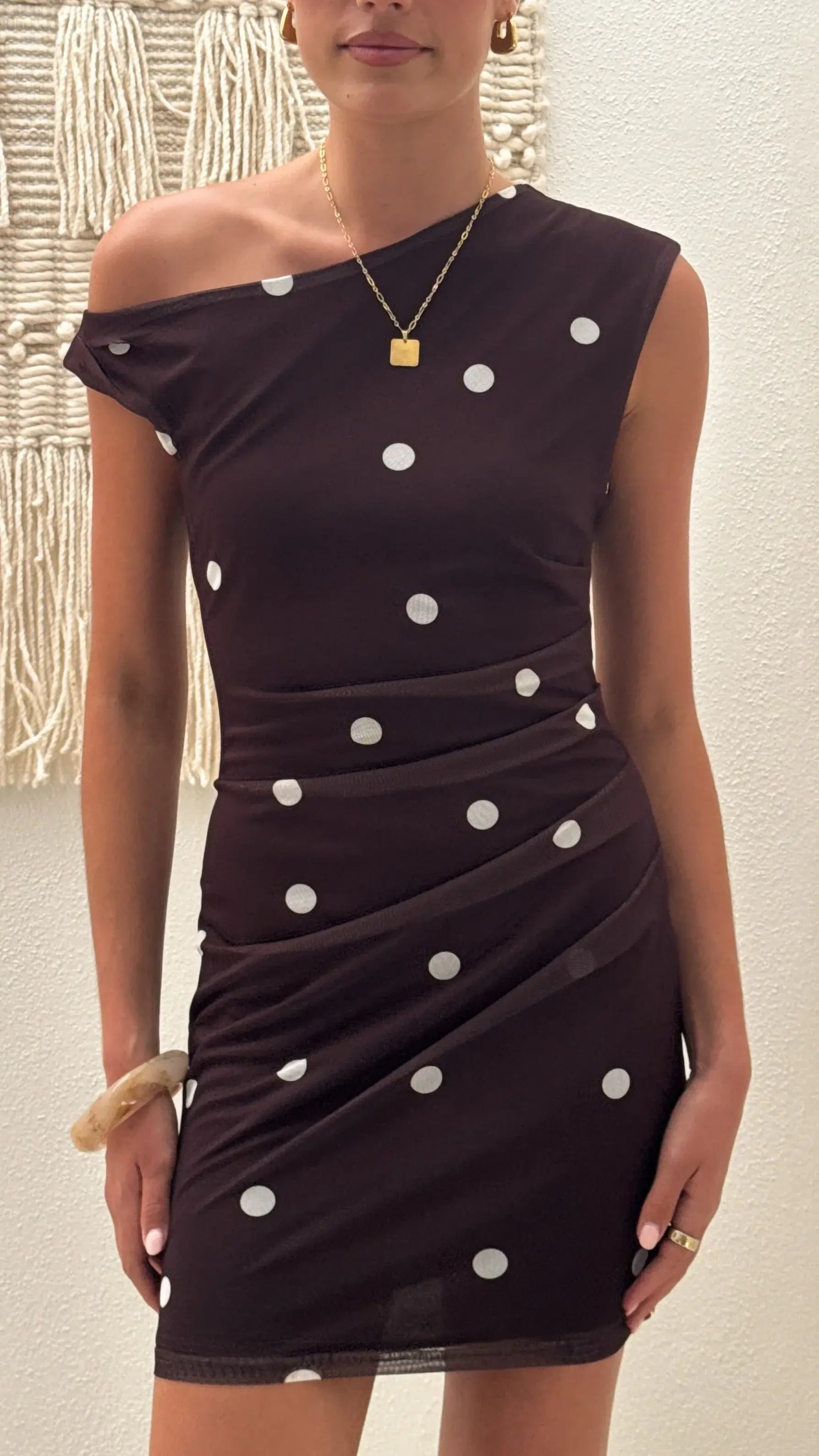 Zariah Mini Dress - Brown / White Polka Dot