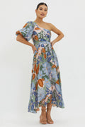 Jayni Puffed One Shoulder Midi Dress Blue