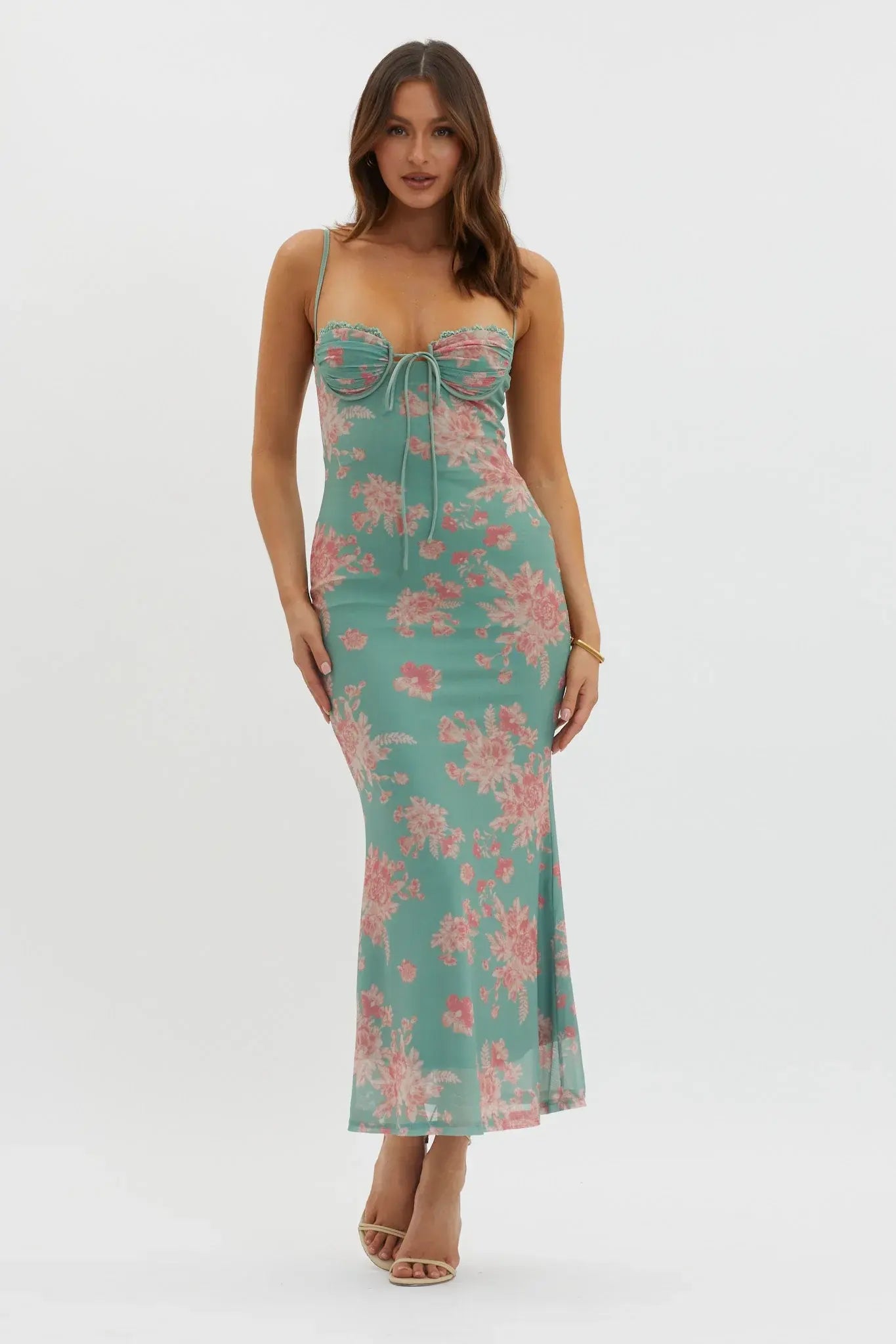 Fortune Lace Trim Mesh Midi Dress Green
