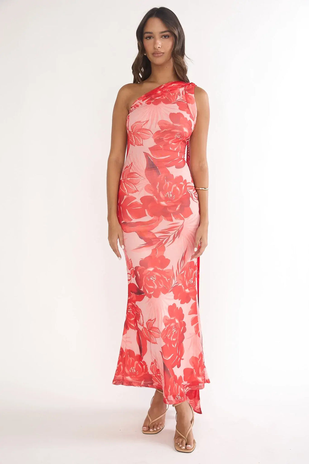 Ilyse Neck Scarf One-Shoulder Maxi Dress Floral Red