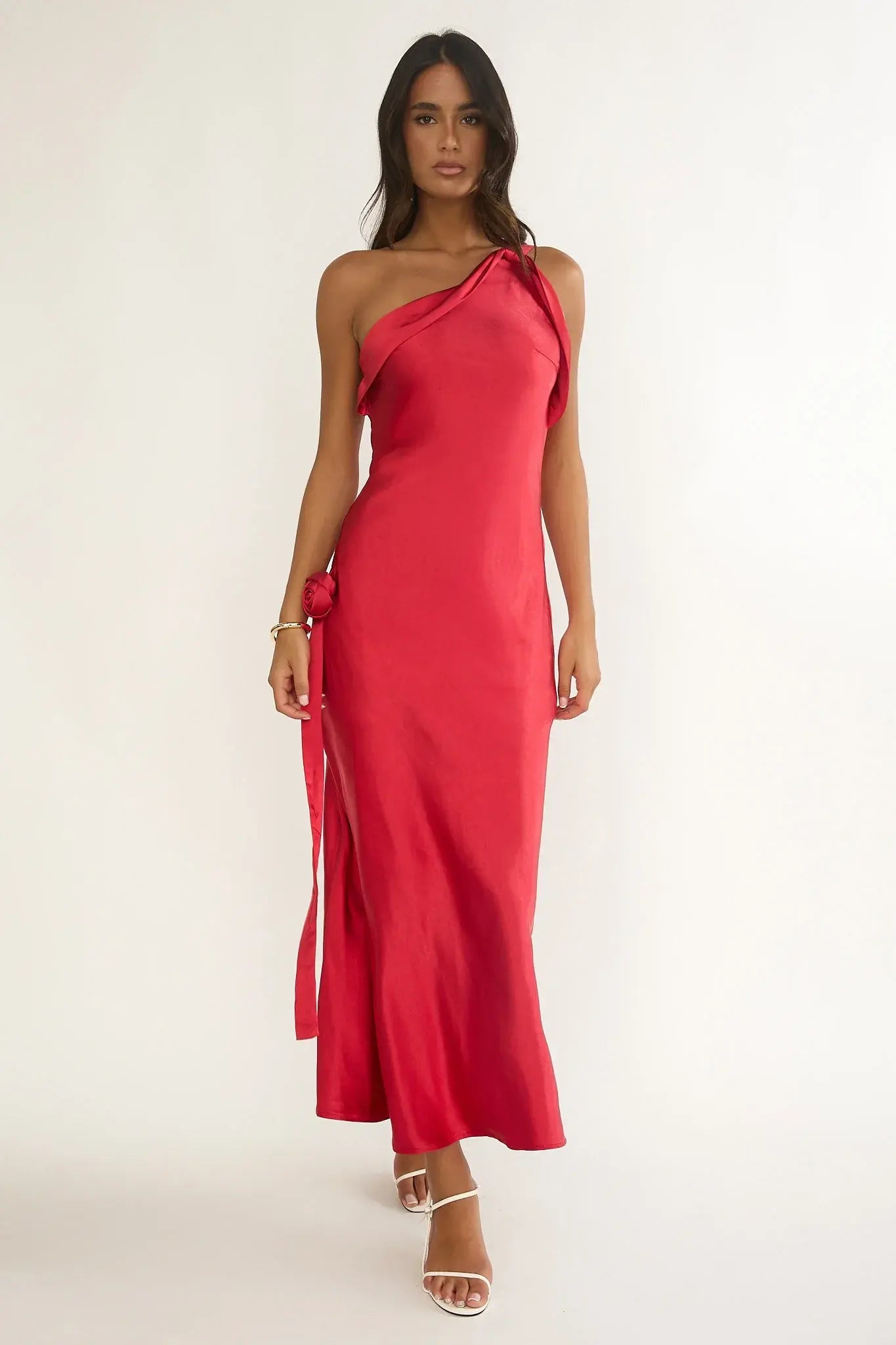 Star Fall One-Shoulder Rosette Maxi Dress Red