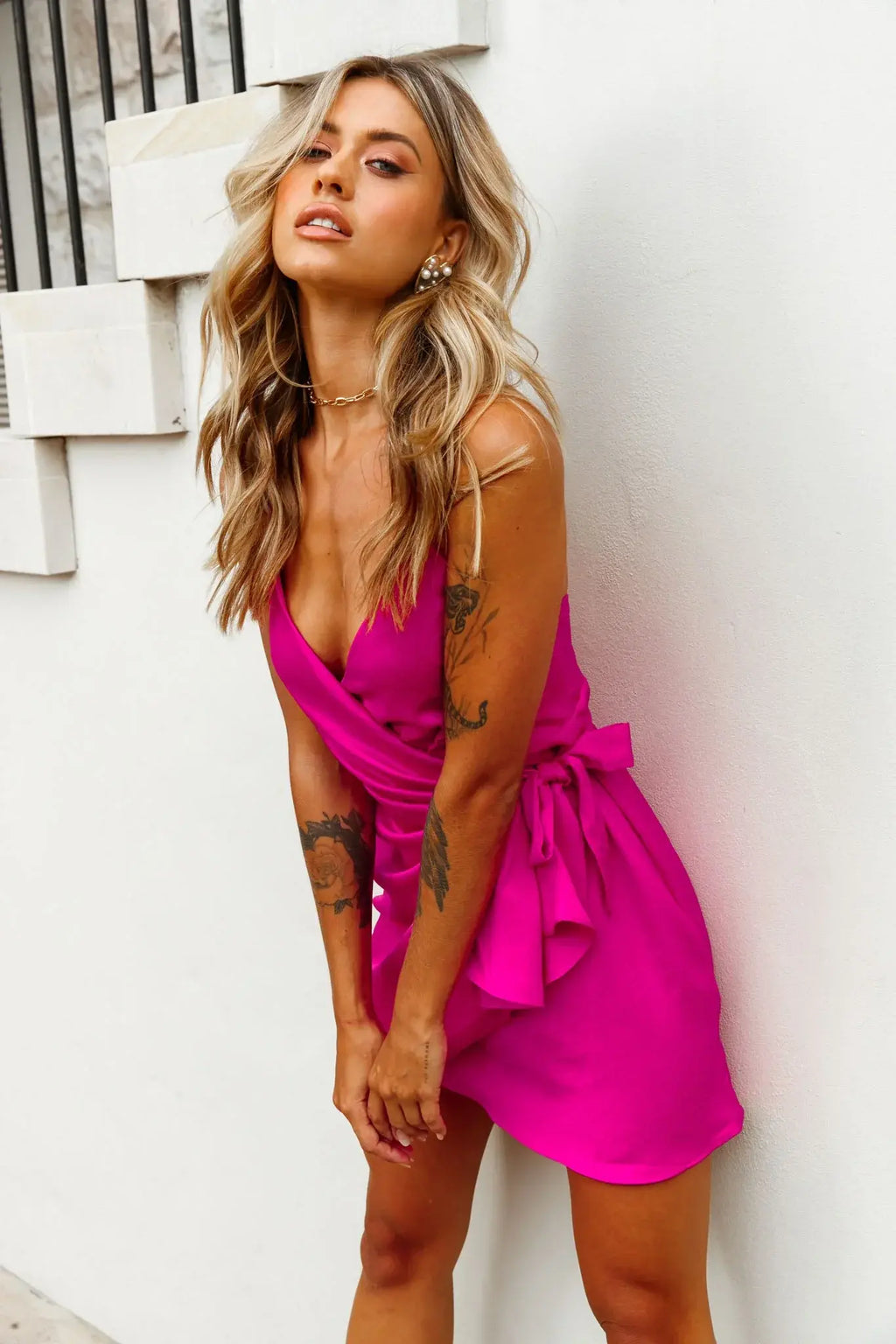 Medellin Gathered Detail Side-Tie Wrap Dress Hot Pink