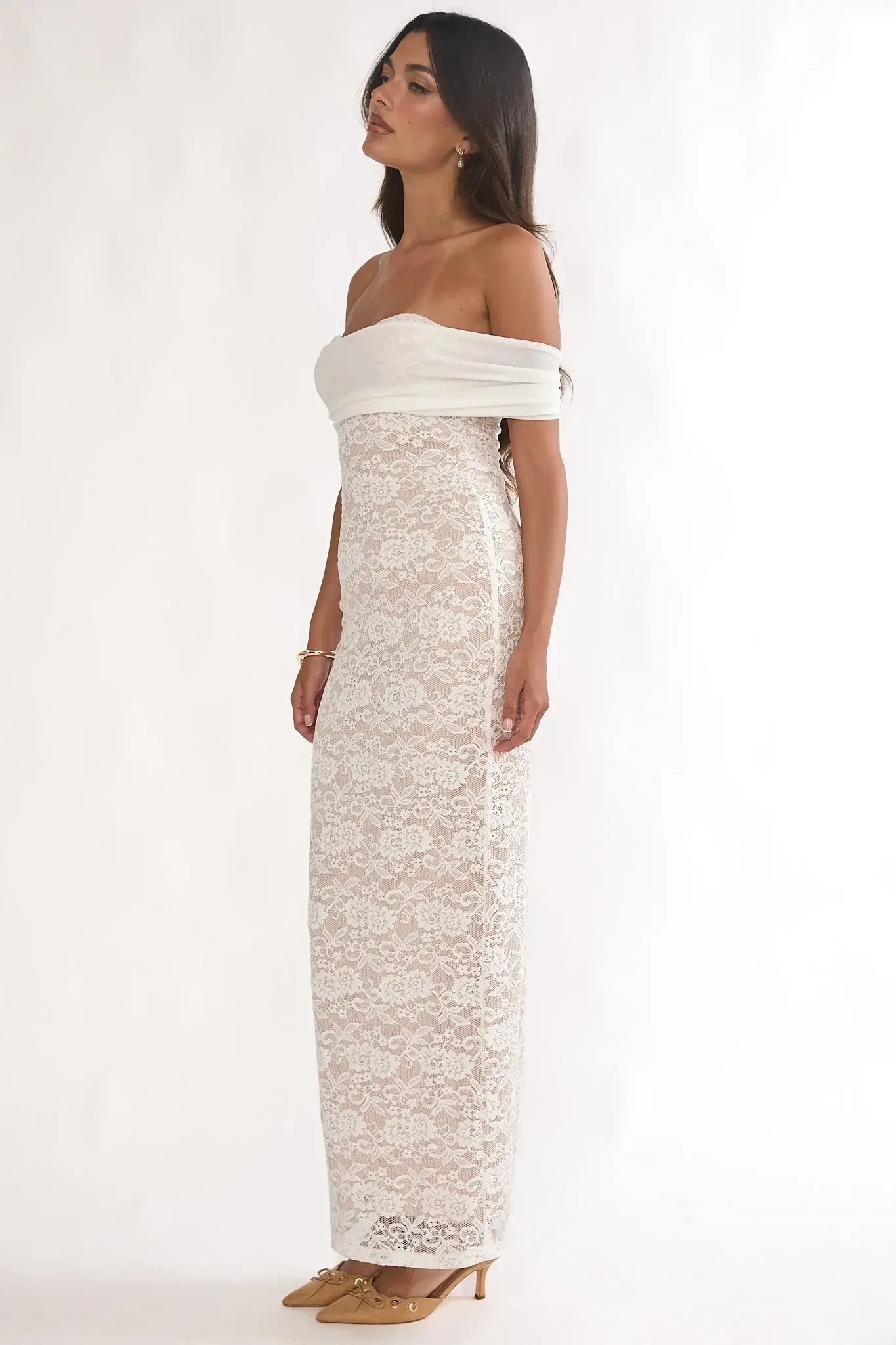 Jewelene Off-Shoulder Maxi Dress Lace White