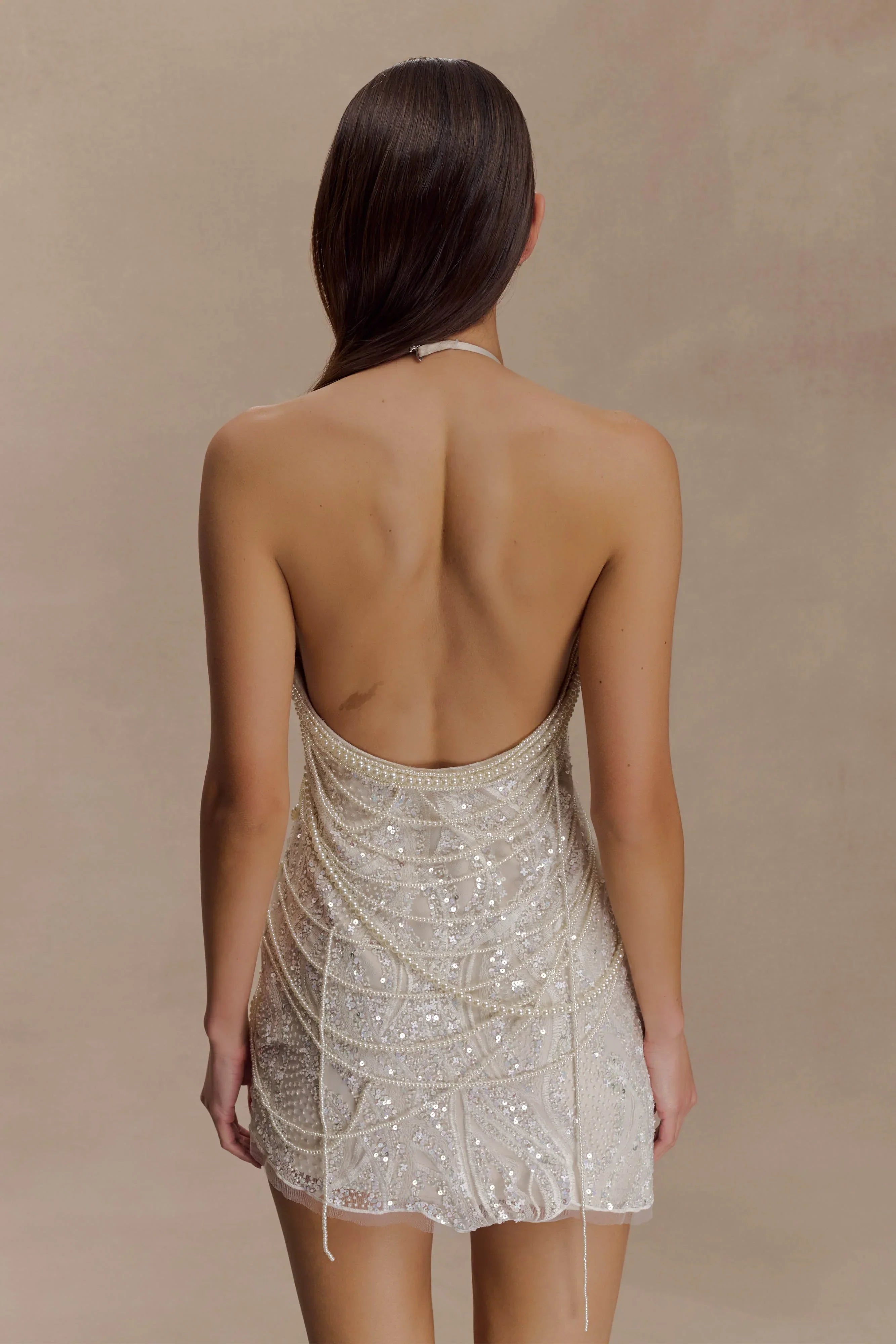 Adora Pearl Halter Mini Dress - White