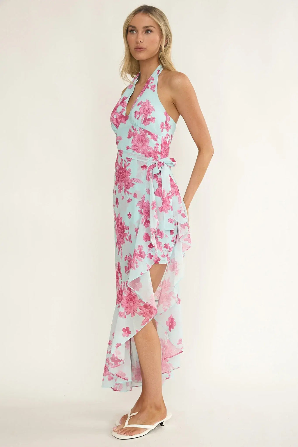 Nerida Waist Tie Asymmetric Dress Floral Ice Blue