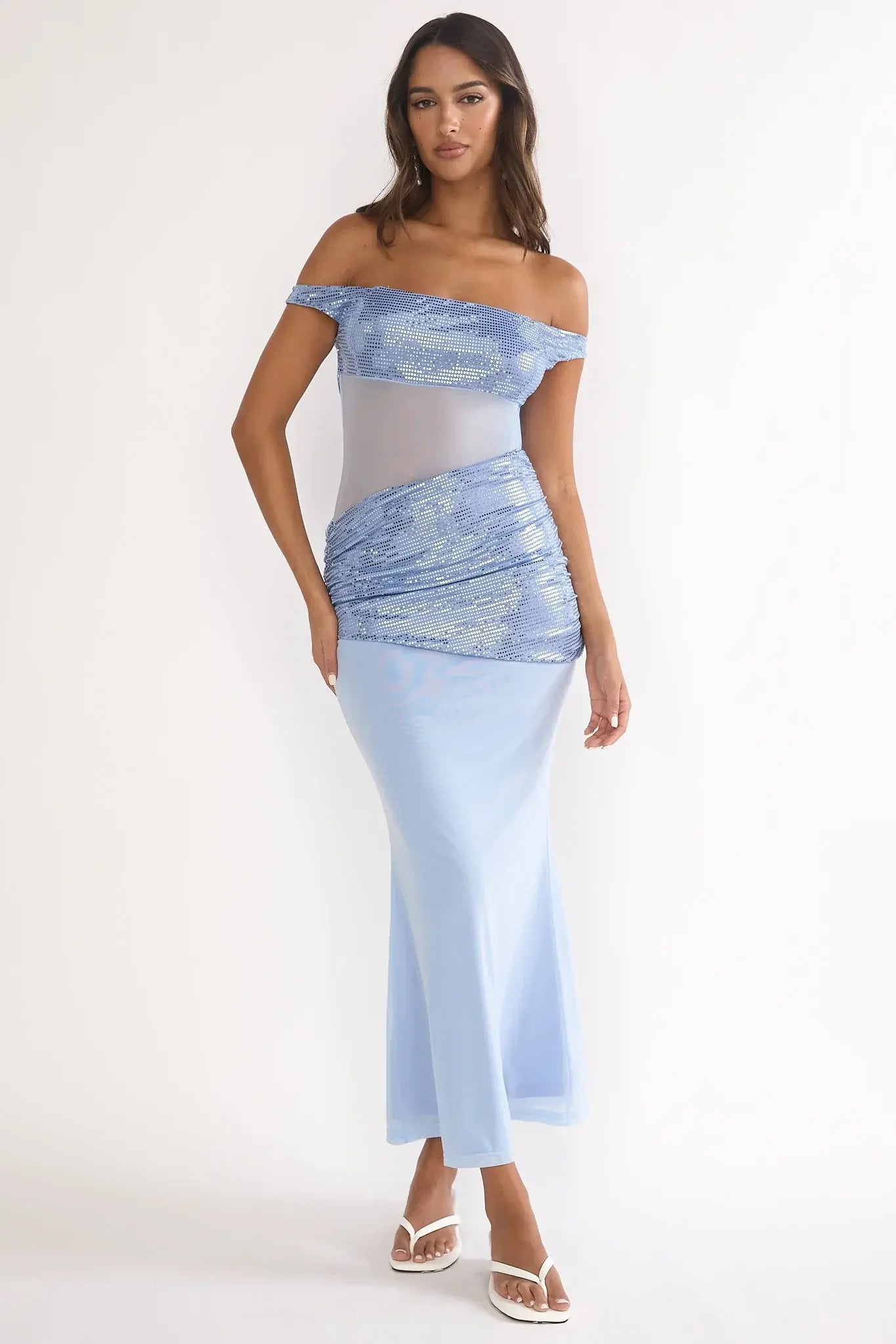 Bellora Off-Shoulder Sequin Trim Maxi Dress Blue