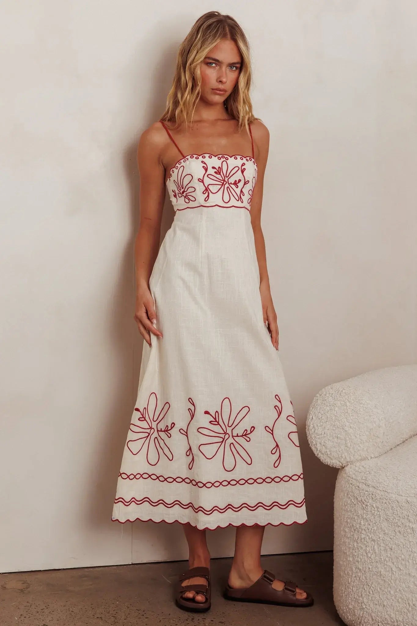 Mondo Scalloped Hem Maxi Dress Embroidered Red