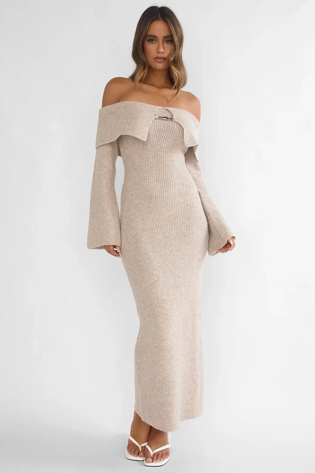 Arwyn Foldover Off-Shoulder Knit Maxi Dress Quinoa
