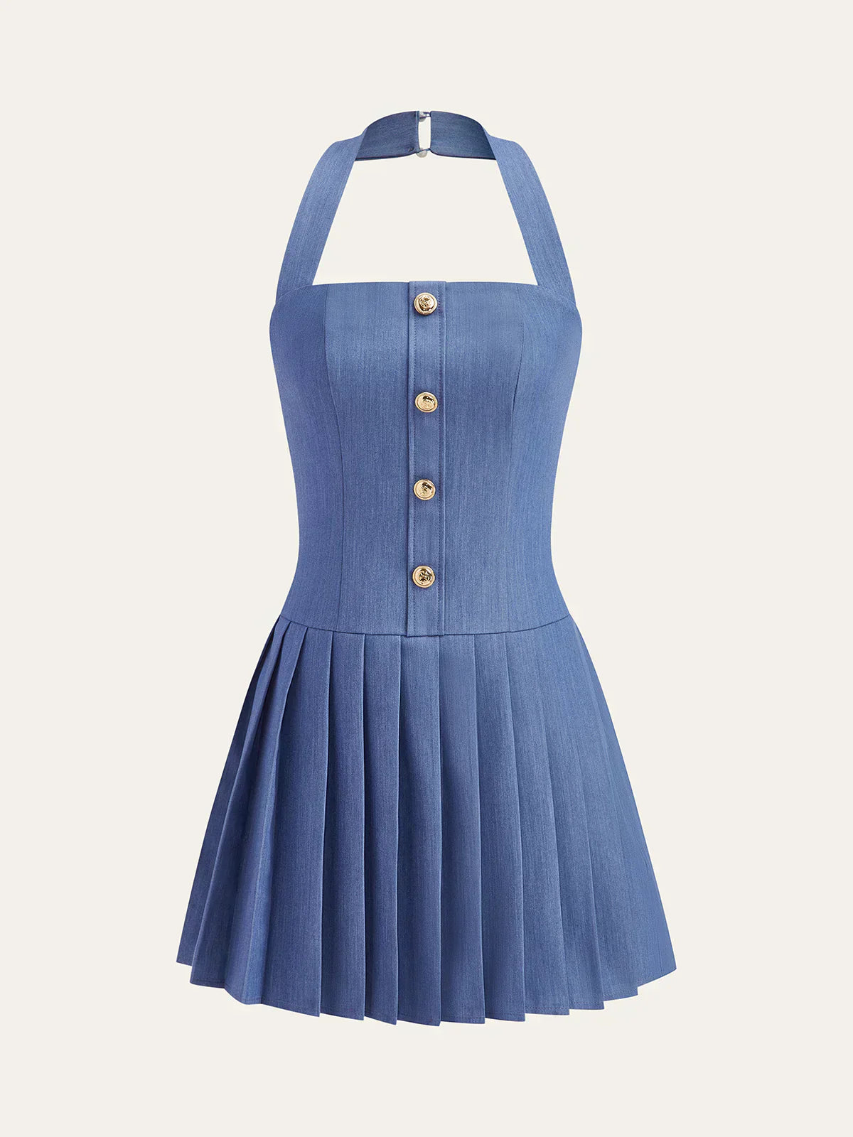 Metal Button Halter Neck Pleated Dress