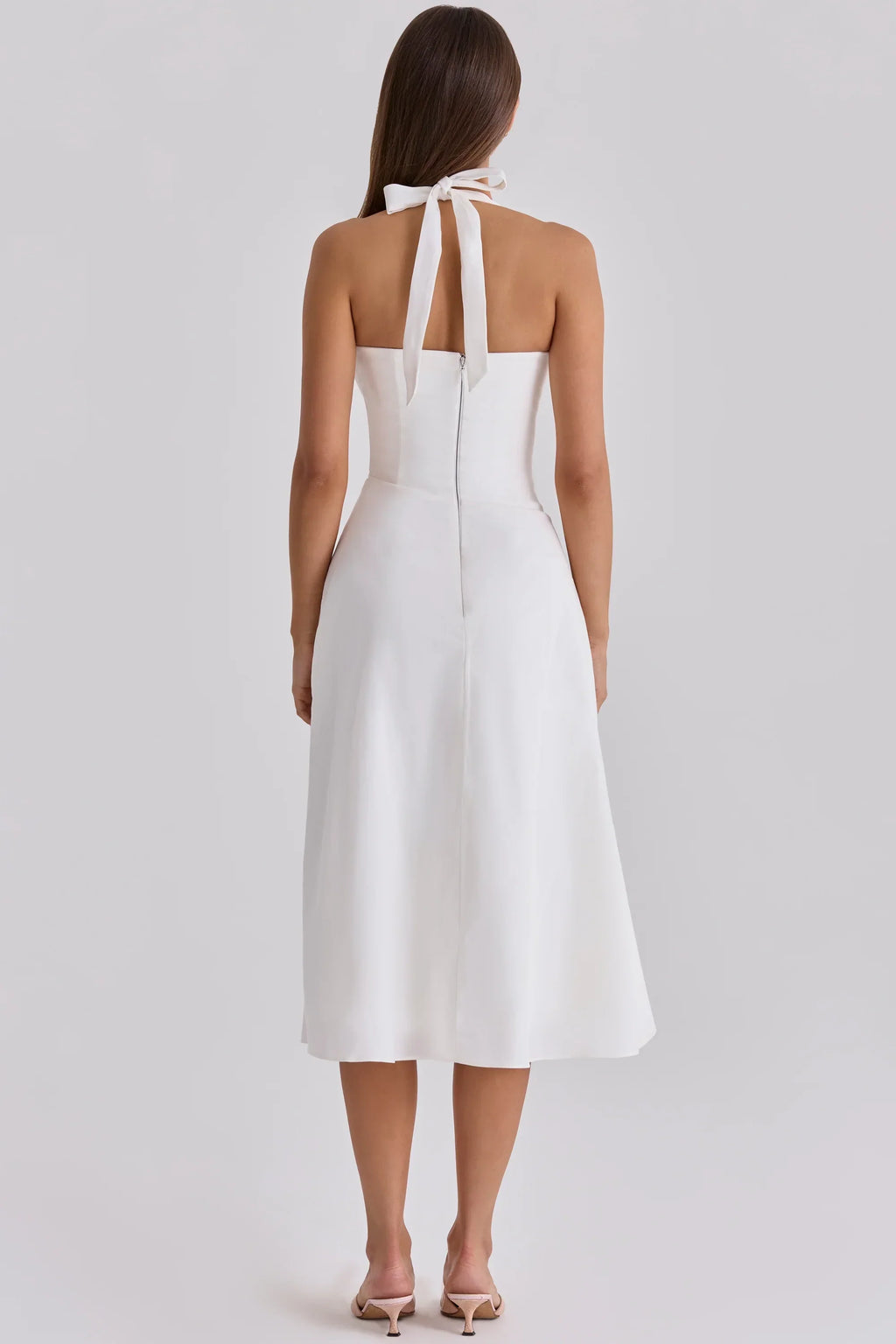 White Halter Neck Cotton Midi Dress