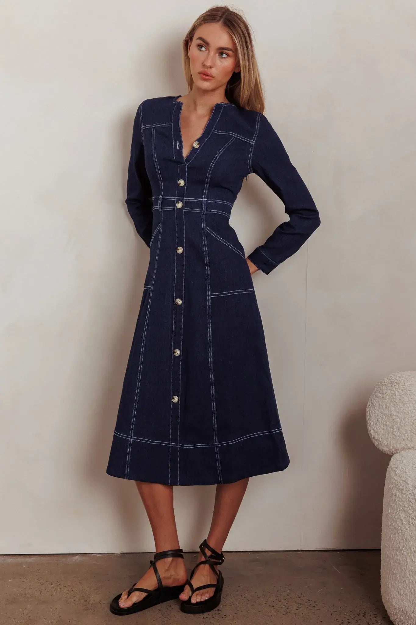 Aspen Love Front Pocket Long Sleeve Midi Dress Indigo