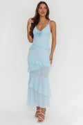 Marlie Frill Trim Rosette Maxi Dress Blue
